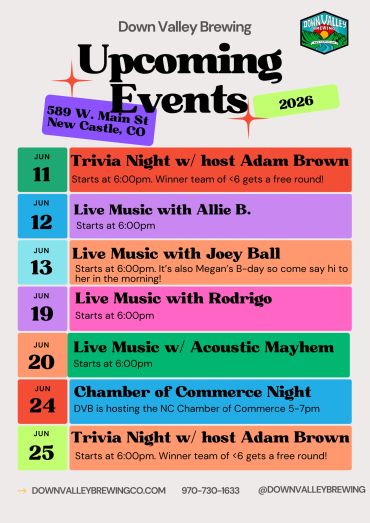 Down Valley Brewing's June 2026 event lineup including trivia and live music nights.