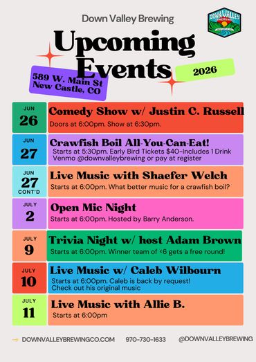 Down Valley Brewing's colorful 2026 event calendar in New Castle, CO.