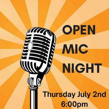 Retro microphone with 'Open Mic Night' text and event details.