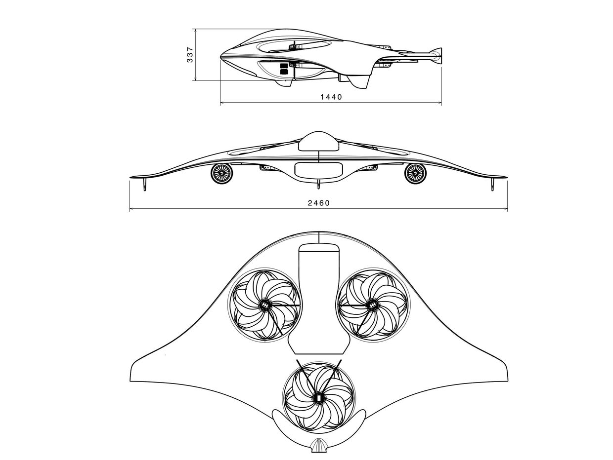Technical blueprint of a futuristic drone showing top, front, and bottom views with dimensions.