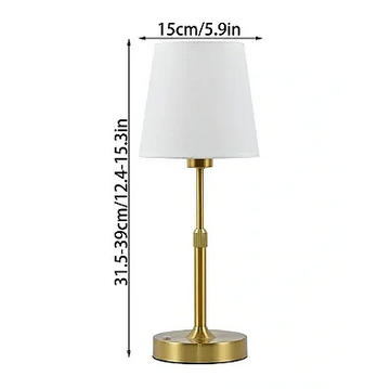 Brass table lamp with white shade, 31.5-39 cm tall, 15 cm shade diameter.