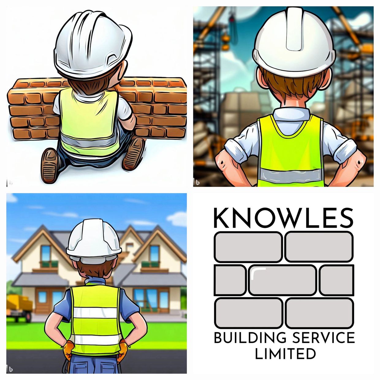 Image shows young James Knowles builder starting out ,then an older builder on a construction site