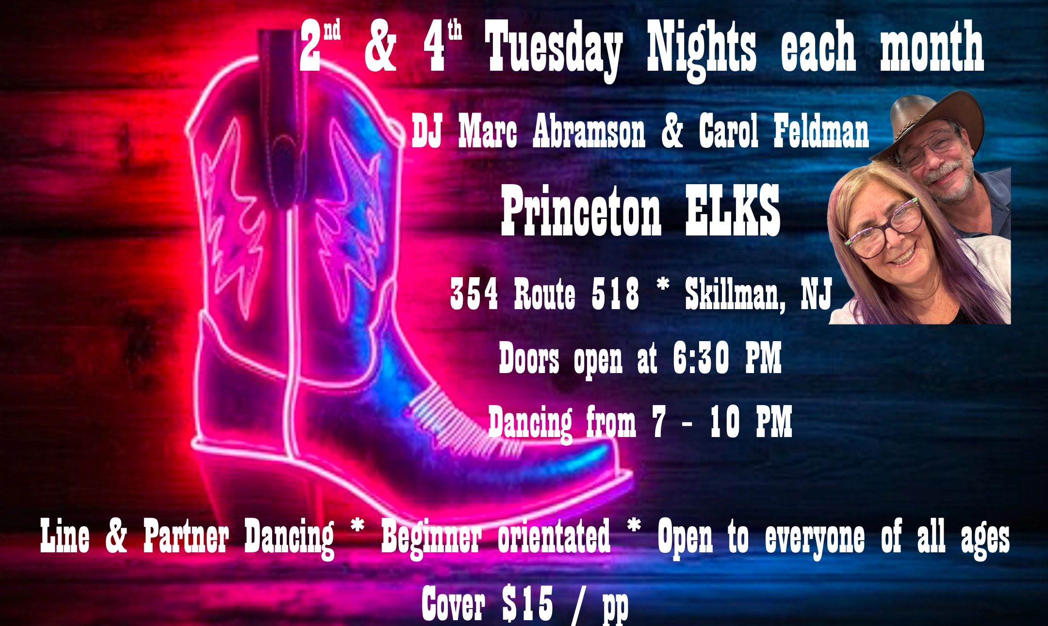 Line and partner dancing nights at Princeton ELKS, Skillman, NJ with DJs Marc Abramson &amp; Carol Feldman.
