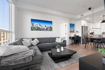 Modern living room with gray sectional sofa and artistic mountain paintings.
