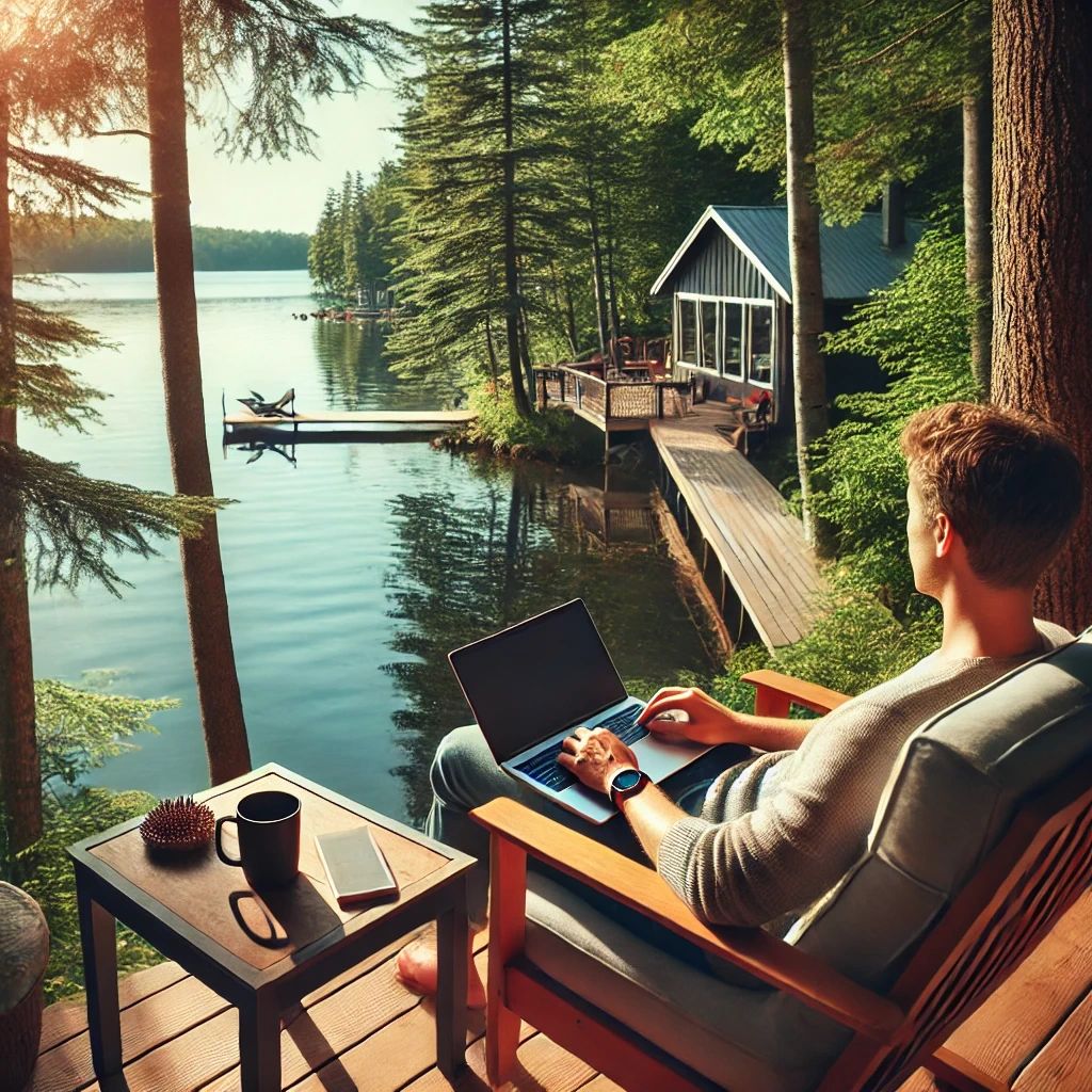 Dowagiac Michigan lake, wooden pier, calm lake, older man on laptop, serene nature, lakeside.
