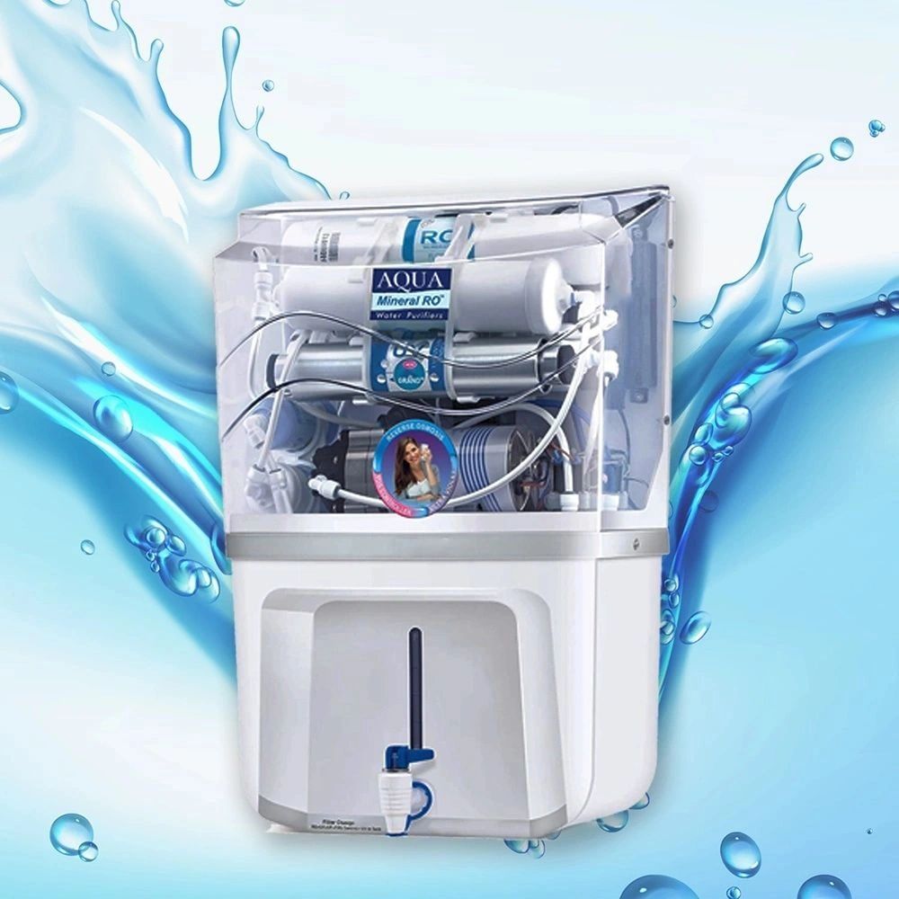 White Aqua Mineral RO water purifier with transparent top and water splash background.
