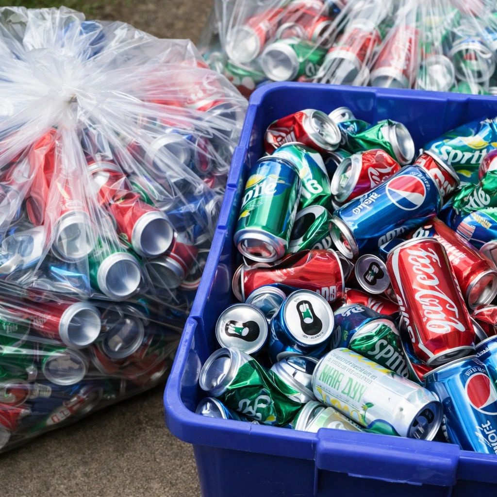 Recycling bin and bags filled with empty soda cans.