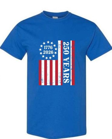 Blue T-shirt celebrating 250 years from 1776 to 2026 with a patriotic design.