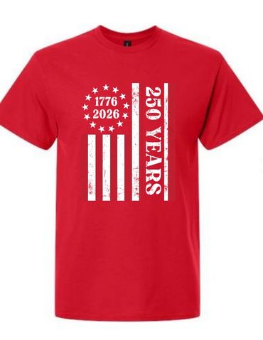 Red T-shirt celebrating 250 years from 1776 to 2026 with a patriotic design.