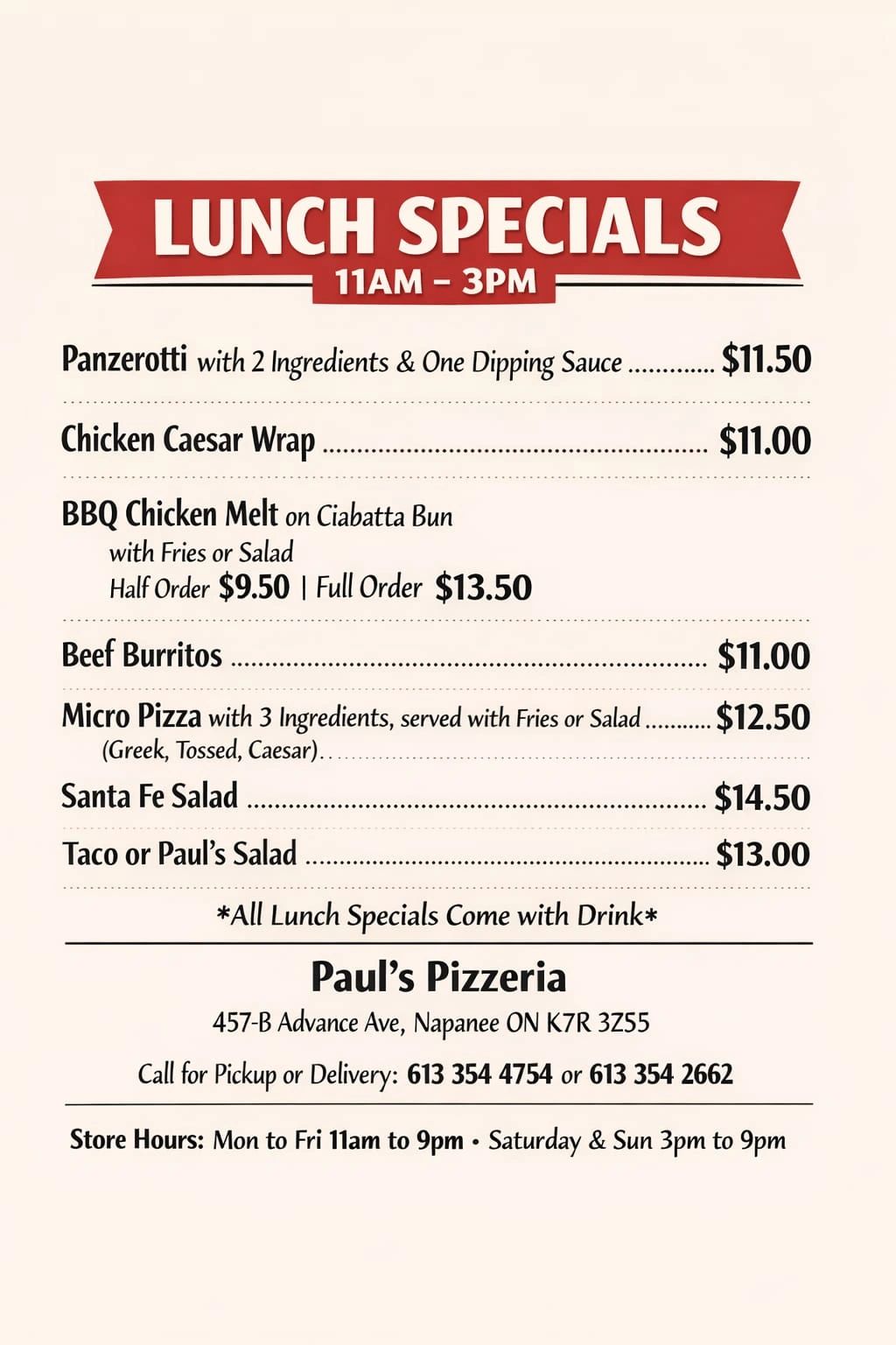 Paul's Pizzeria lunch specials menu with various meals and prices, available 11am-3pm.
