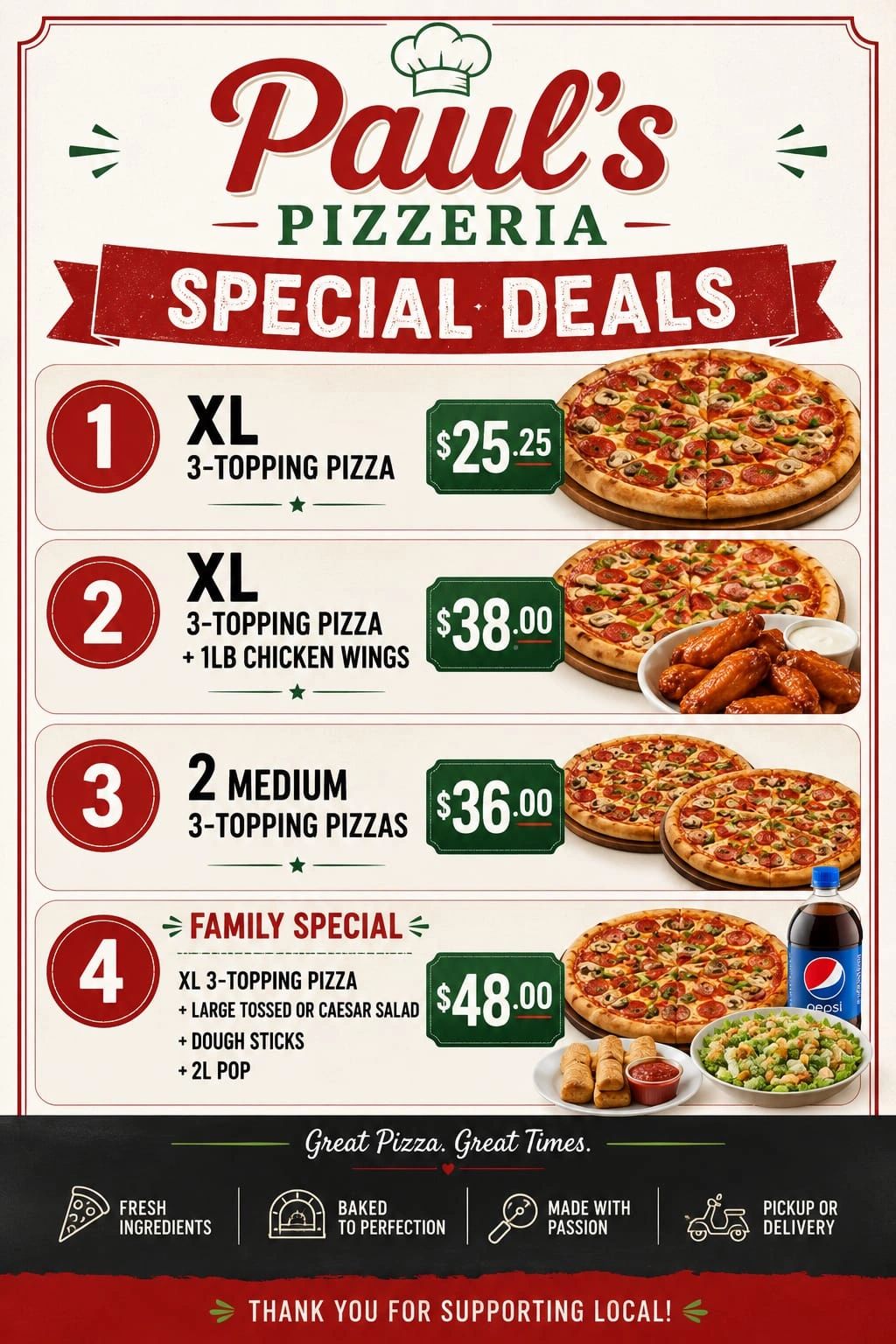 Paul's Pizzeria offers special deals on pizzas, wings, salads, and more with fresh ingredients and delivery options.