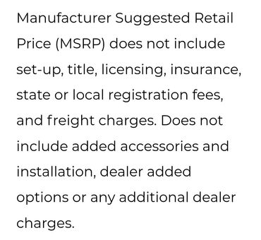 Text explaining what MSRP does not include for vehicle pricing.