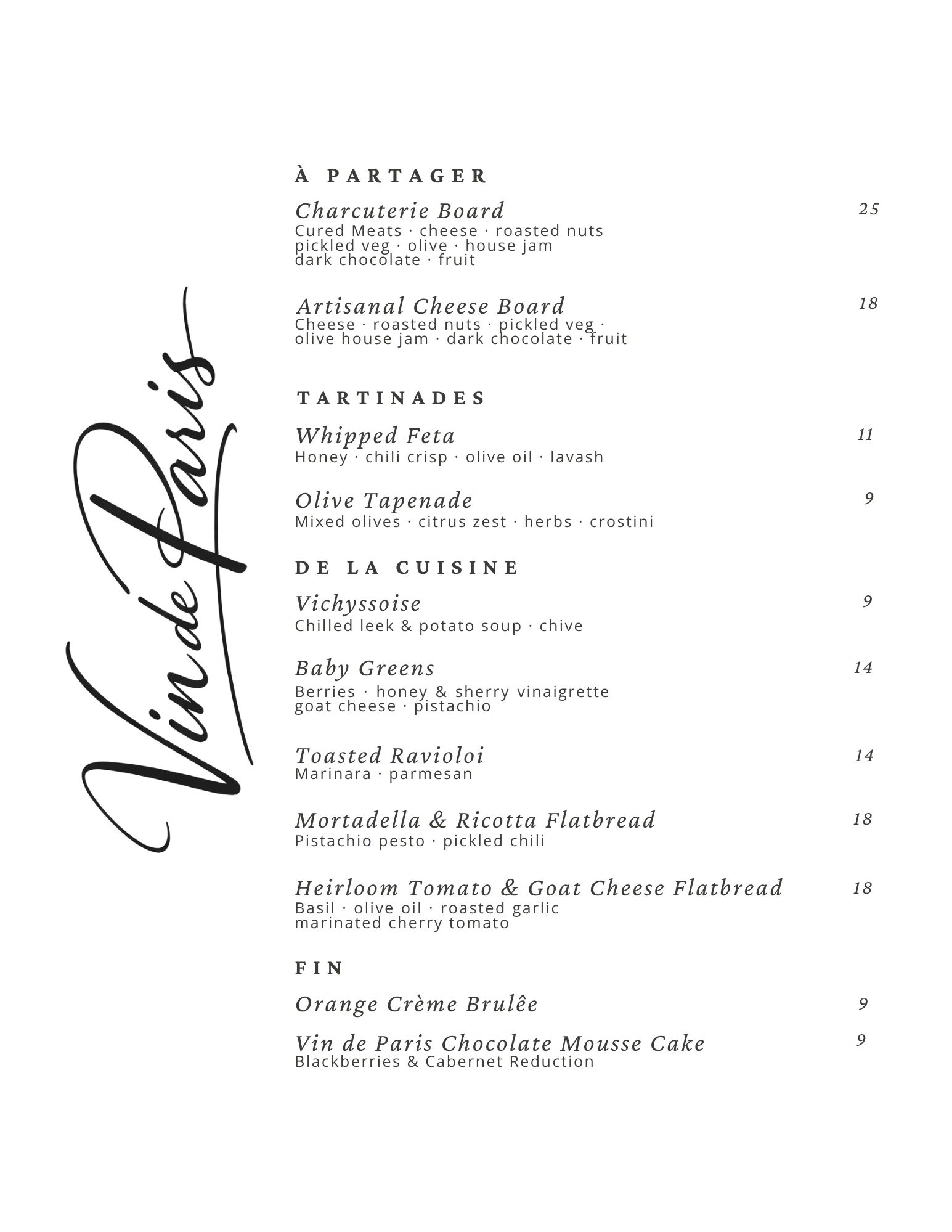 Vin de Paris menu featuring charcuterie, cheese boards, tartinades, flatbreads, and desserts.