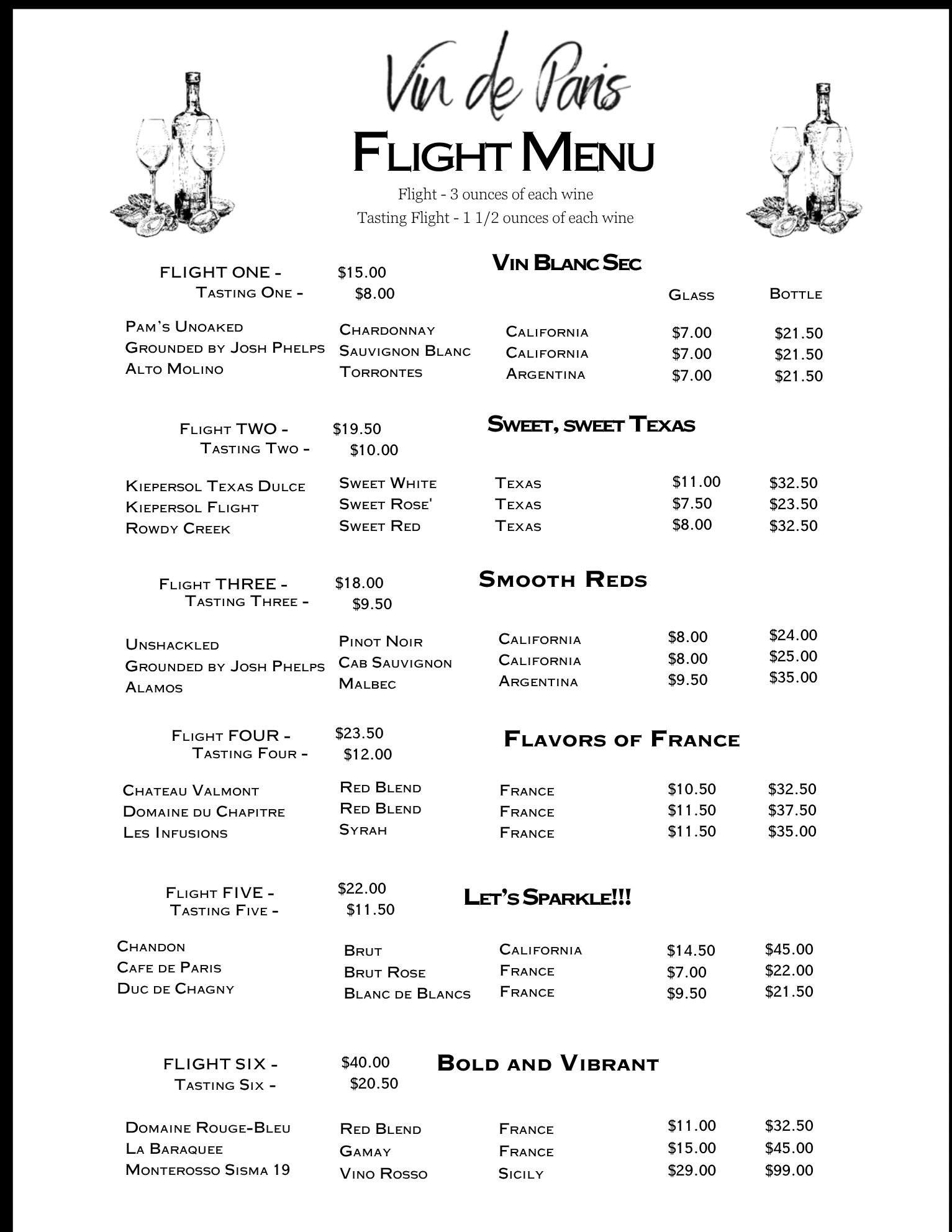 Vin de Paris wine flight menu with various wine choices and prices.
