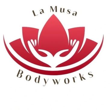 Red lotus logo with hands and text 'La Musa Bodyworks'.