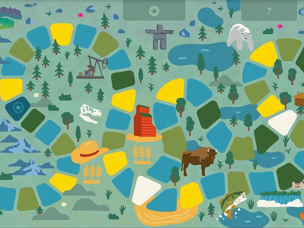 Colorful illustrated game board with wildlife and landmarks.