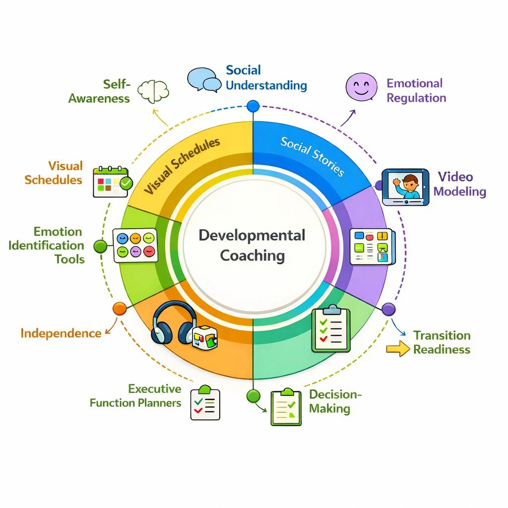 Diagram showing components and benefits of developmental coaching.