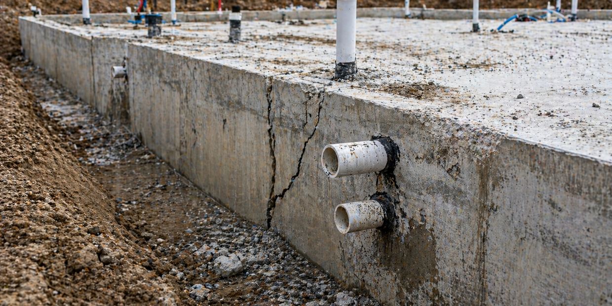 Cracked concrete foundation with exposed PVC pipes in a construction site.