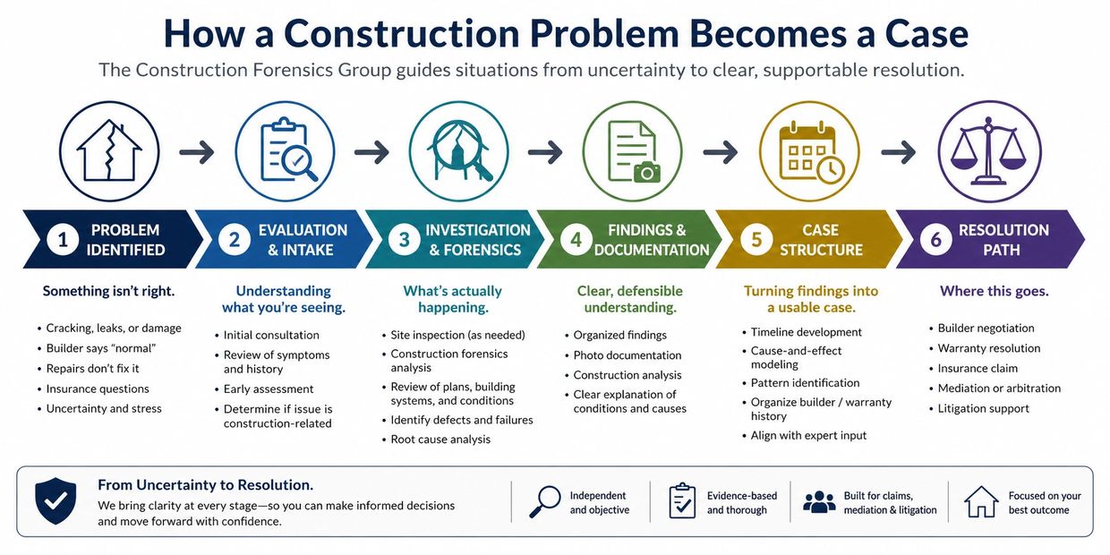 Step-by-step guide on resolving construction problems from identification to resolution path.