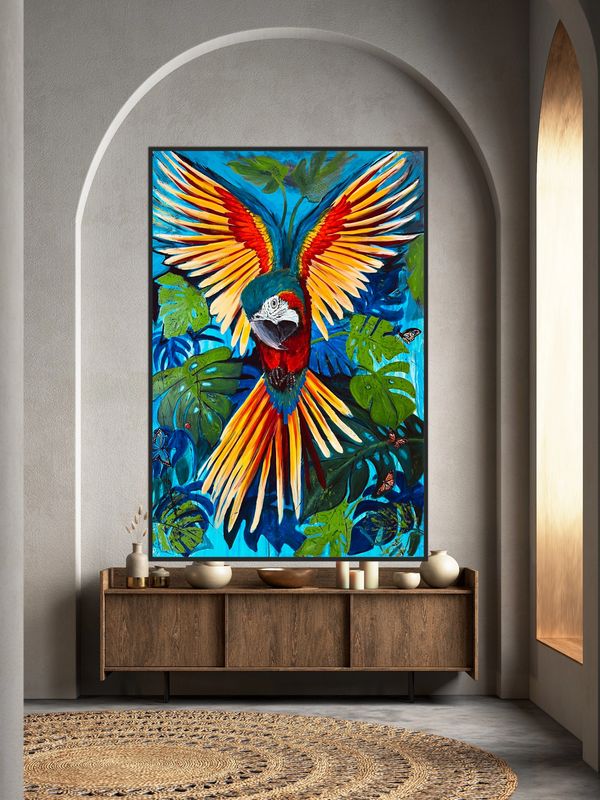 Macaws are such vibrant beautiful big birds! I wanted to create the illusion of thus bird emerging f