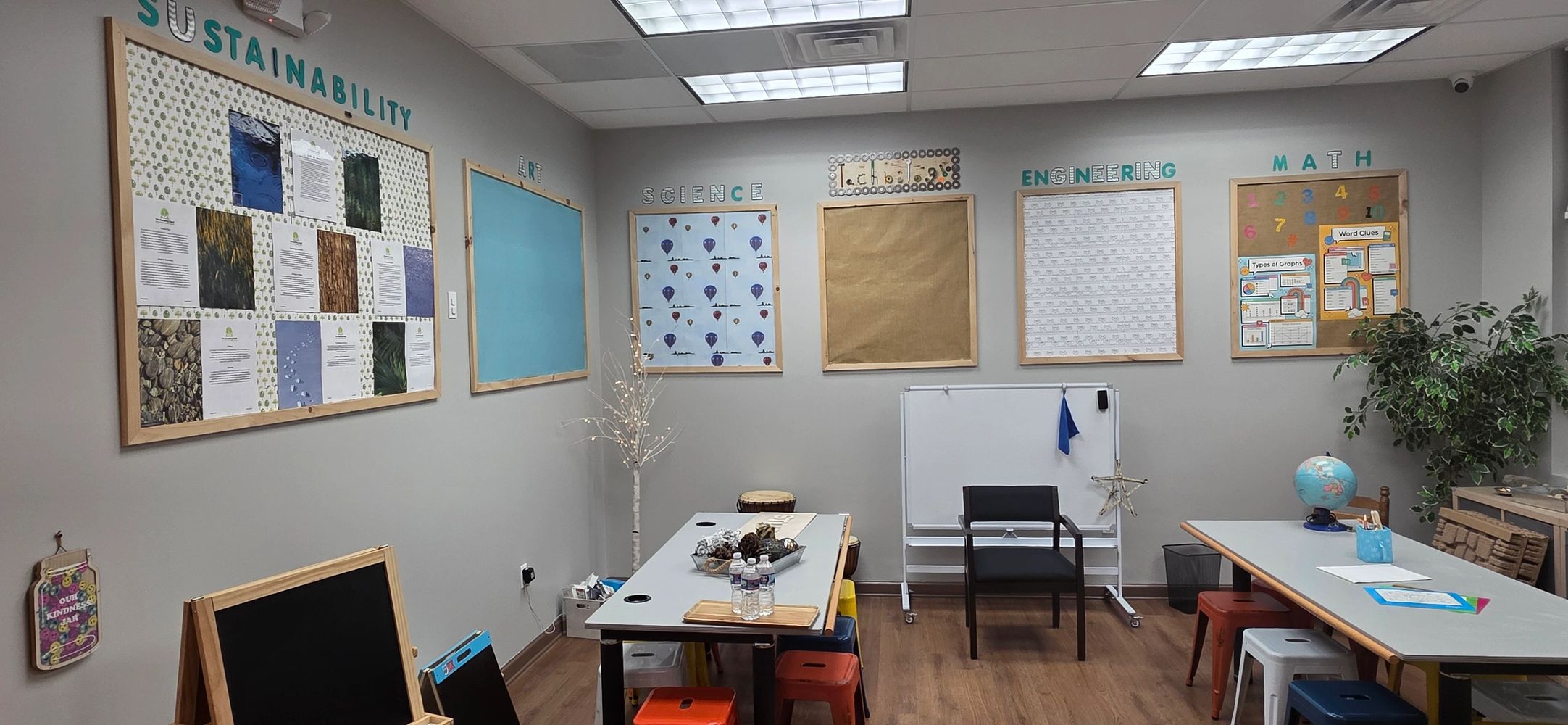 Classroom walls with educational boards on sustainability, science, math, and engineering.