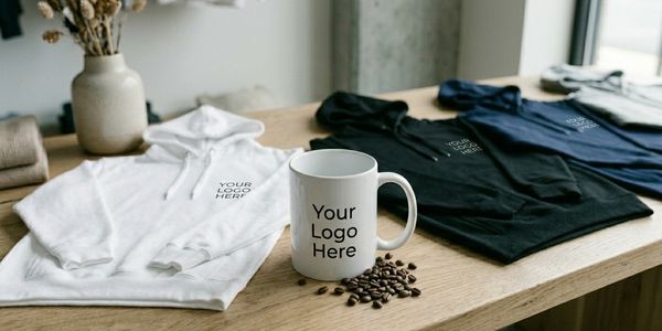 White mug and hoodies with 'Your Logo Here' displayed on a wooden table.
