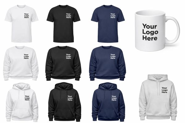 White, black, and navy apparel with customizable logo, plus a white mug.