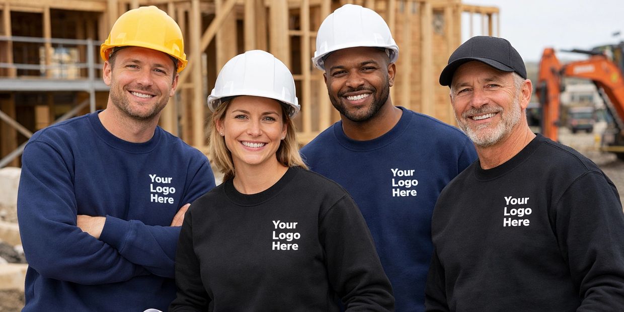 Construction team smiling, wearing safety helmets and logo sweatshirts.