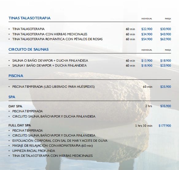 Spa and thalassotherapy services pricing list including saunas, pools, and full-day spa options.