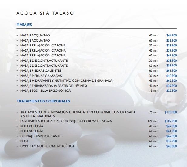 Price list for massages and body treatments at Acqua Spa Talaso.