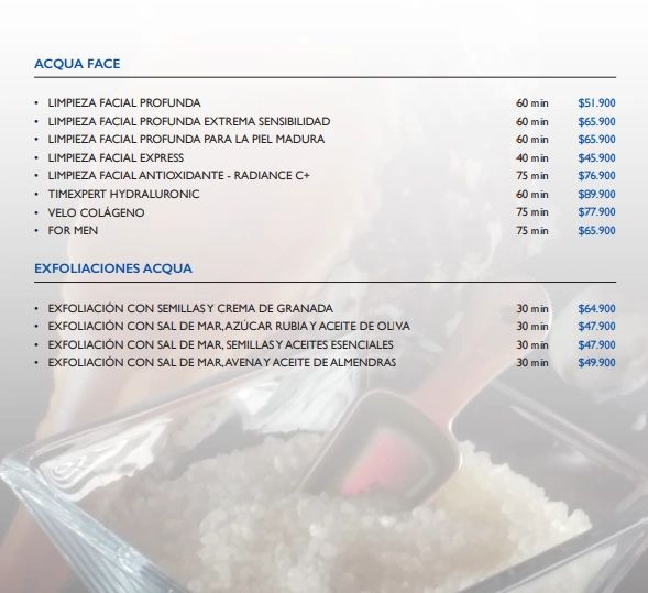 Menu of facial treatments and exfoliations with duration and prices.