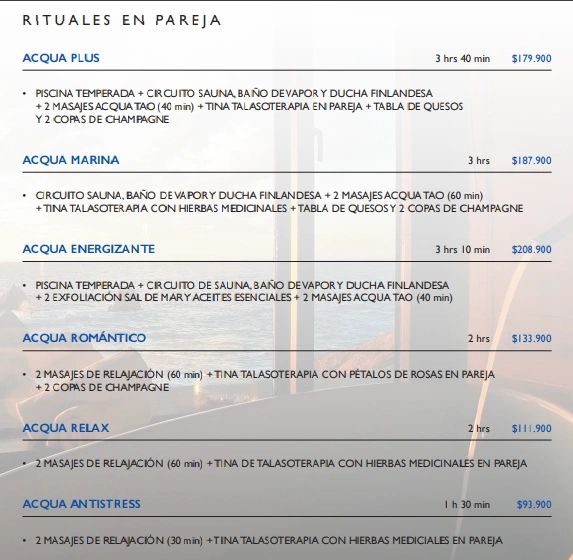 List of couple spa rituals with durations and prices.