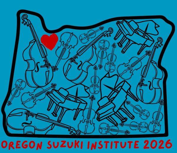Musical instruments inside Oregon map with a red heart and event text.