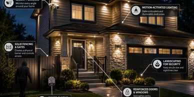Nighttime home security features including cameras, lighting, fences, and reinforced doors.