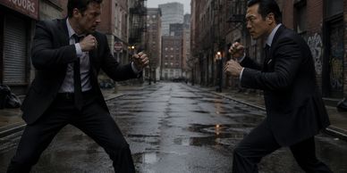 Two men in suits face off in a tense fight stance on a wet city street.