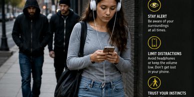 Woman walking with headphones and phone, two men follow behind her.