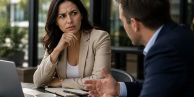 A woman listens skeptically to a man explaining something.