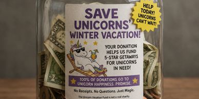 Donation jar for saving unicorns' winter vacation with fun and magic theme.