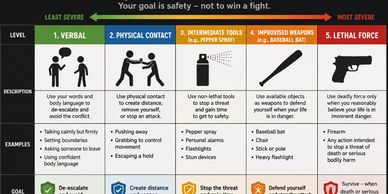 Chart illustrating levels of force from verbal to lethal, emphasizing safety over fighting.