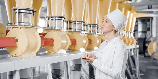 Food manufacturing worker inspecting machinery