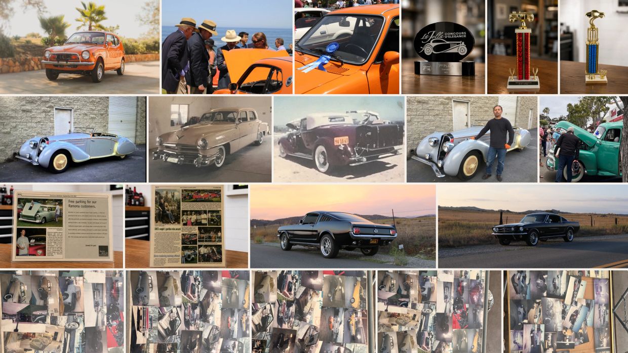 Collage of vintage and classic cars with awards and newspaper clippings.