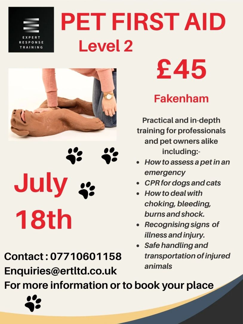 Pet First Aid training on July 18th for £45 in Fakenham.