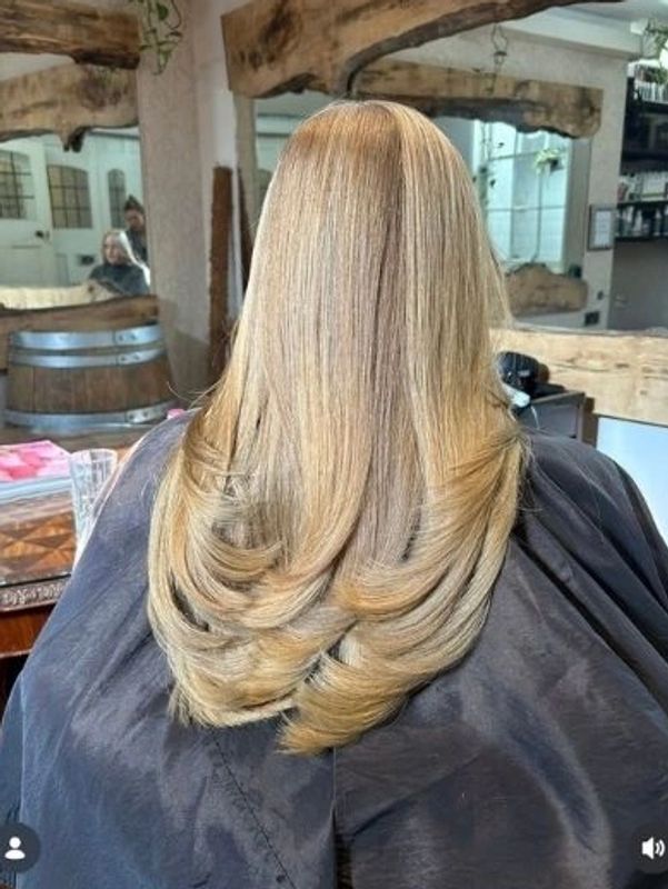 Blond Hair colour full head highlights layered cut Bouncy Blow dry Brighton Salon ciscos karma