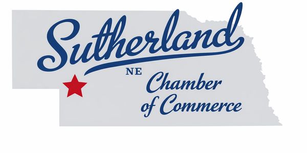Logo for Sutherland NE Chamber of Commerce with a red star on a gray map.