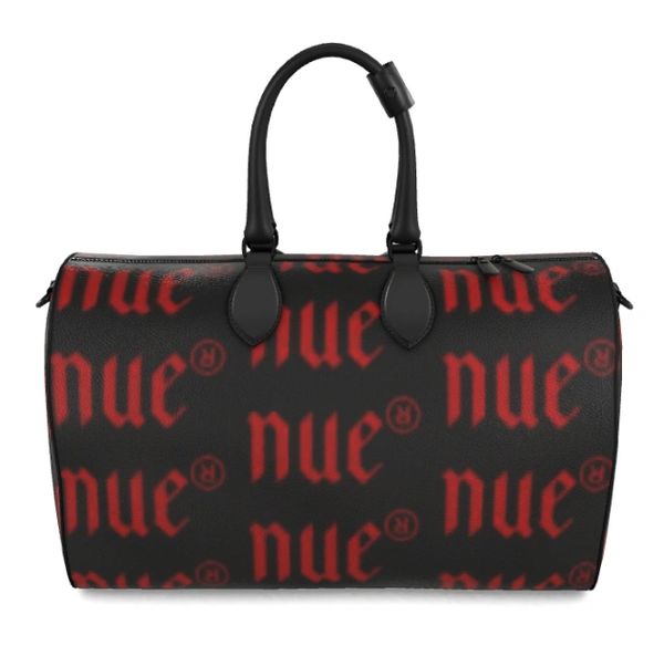 Black and red designer handbag with bold "nue" text pattern and sturdy handles.