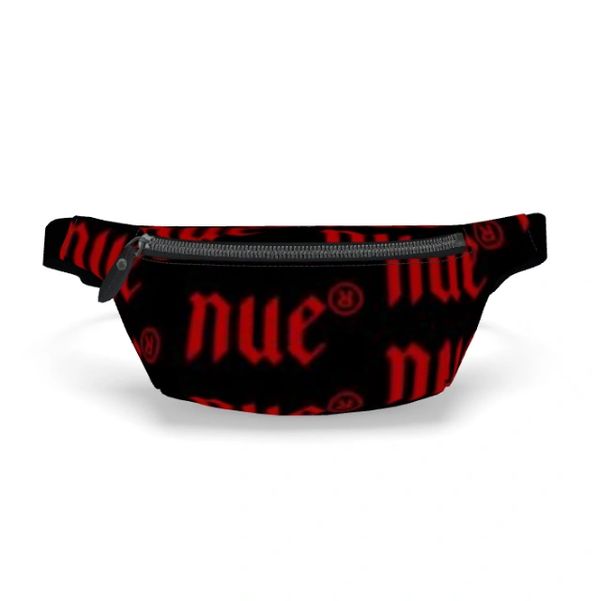 Black fanny pack with red "nue" text pattern and zipper on top.