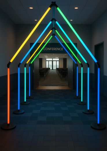 Túnel LED en acceso a conferencia. Luz y color para dar un toque moderno a tu evento corporativo.
