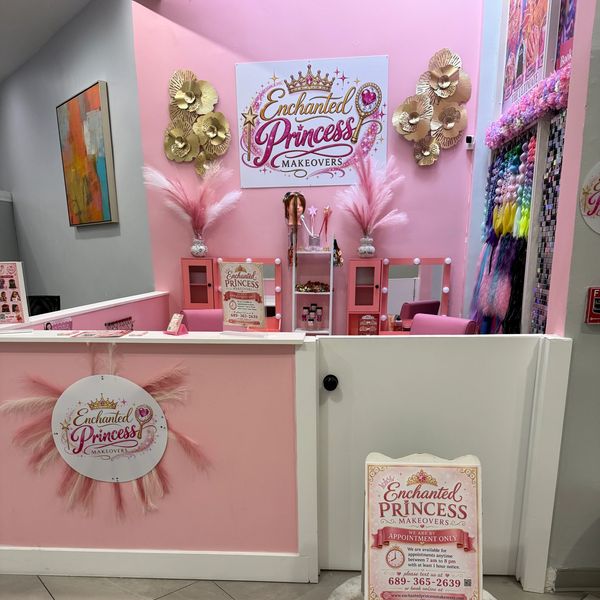 Pink-themed princess makeover shop with decorative accents.