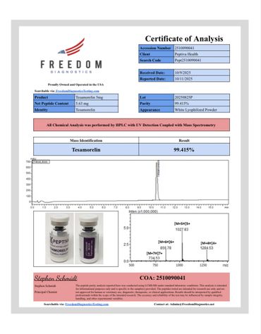 Certificate of Analysis for Tesamorelin by Freedom Diagnostics.