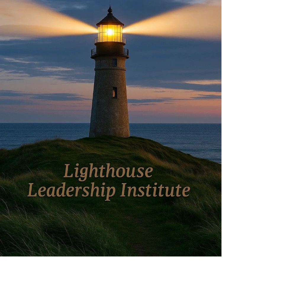 A lighthouse shines brightly at dusk above the ocean with 'Lighthouse Leadership Institute' text.